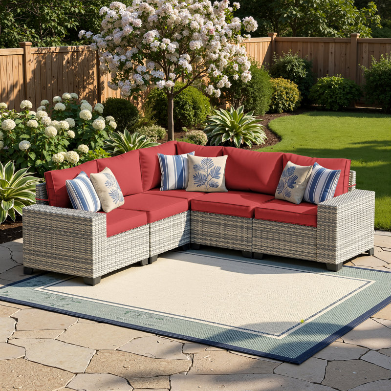 5-Person All-Weather PE Wicker Outdoor Sectional Sofa Set With Cushions And Wide Armrests, Red