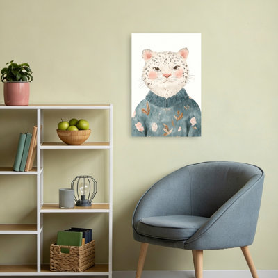 Whimsical Snow Leopard Portrait Elegant Whimsical Abstract Cat Plant Portrait Wall Art Print by Mathieu - Wrapped Canvas Print
