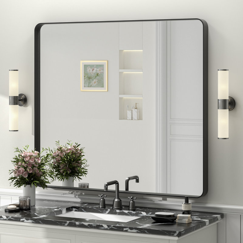 Miroir de salle de bain mural en verre trempé et métal Molly, 44 po x 36 po, Noir, Rectangle(Rounded Corner)