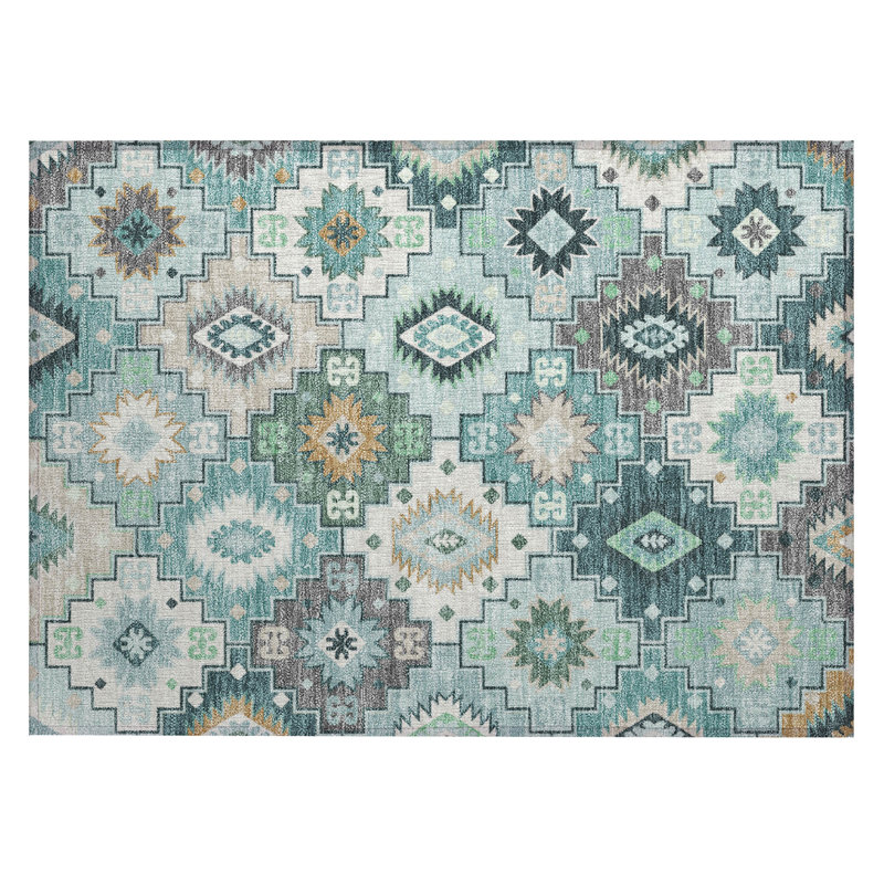 Machine Washable Indoor/Outdoor Xhevrie Teal Rug, Rectangle 1'8" x 2'6"