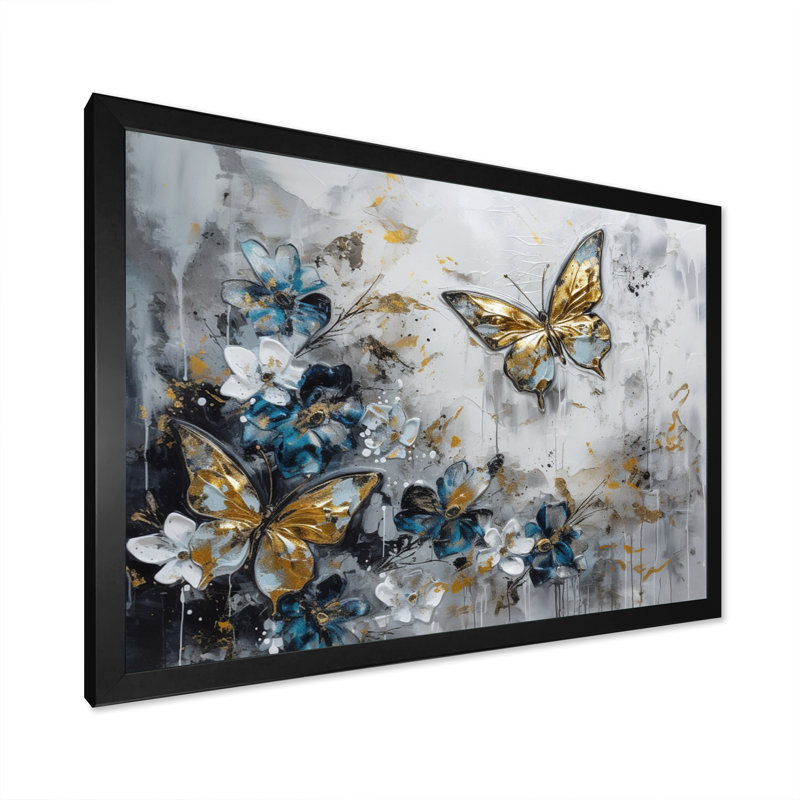 «Ryuko Golden Blue Butterfly Wings And Flowers III», art mural floral, H 12 po x l 20 po x P 1 po, Cadre noir