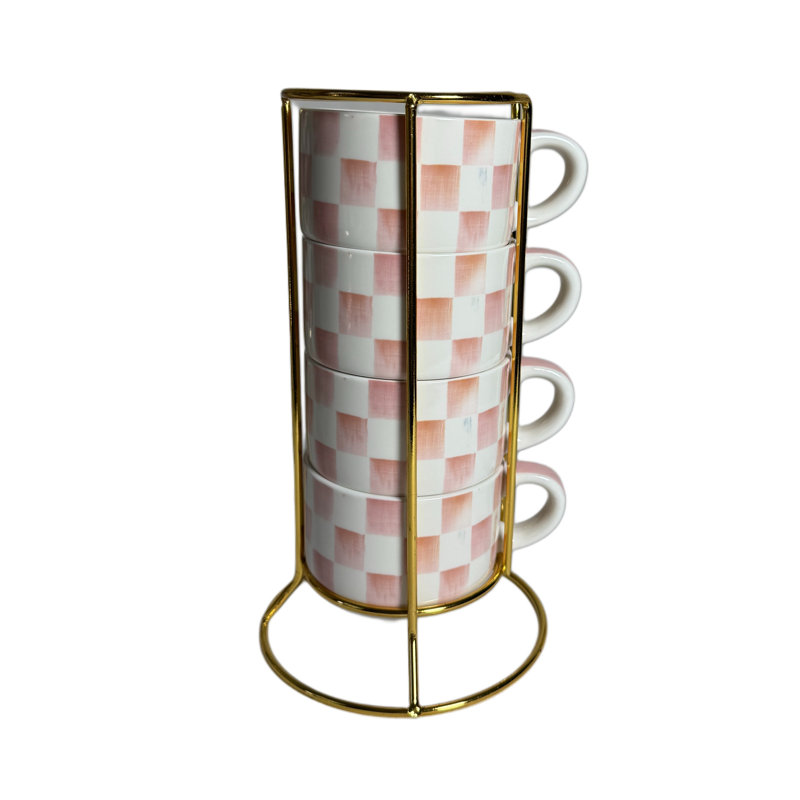 Mocha Check Cappuccino Cup Tower, Pink/White