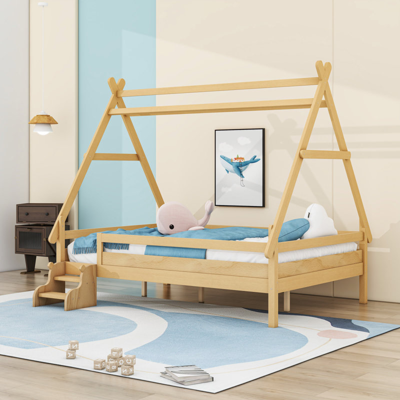 Lit plateforme avec lattes Wood House, Complète, Naturel
