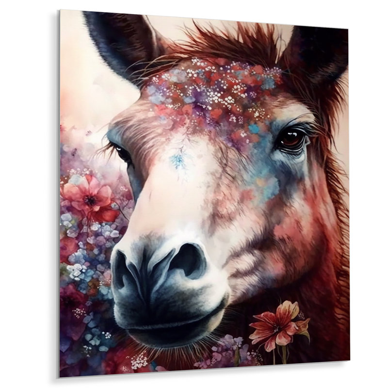Wakina, Wakina, brun, portrait, âne, fleurs, III, métal, impression, H 20 po x l 12 po x P 1 po