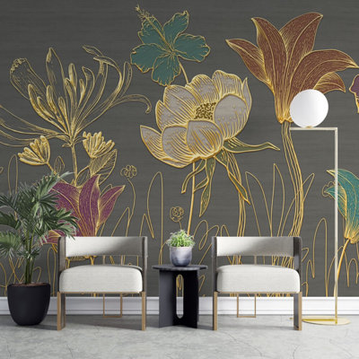 Murale fleurs gris foncé et lignes dorées | Papier peint grand lis botanique moderne | Non-tissé ou pelez et collez