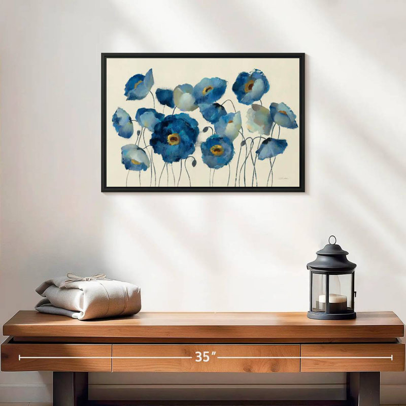 Aigue-marine floral sur crème, 19 po x 13 po, Cadre flottant noir