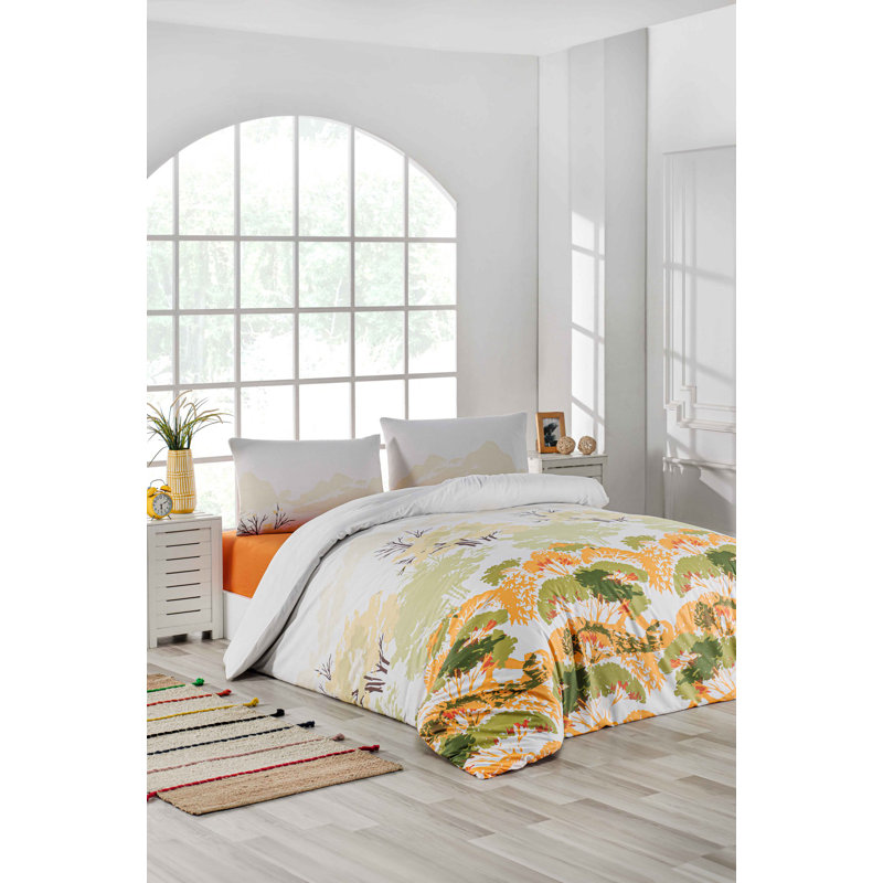 100% Cotton Ranforce Single Quilt Cover Set, White/Orange/Green, Duvet Cover 53.1 x 78.7 inches & Pillowcase 31.5 x 31.5 inches | Machine Washable, 132 Thread Count, Envelope & Button Closure, Vibrant Pigment Printing