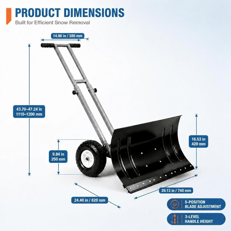 Wheeled Snow Pusher Heavy-Duty Steel Snow Shovel with Adjustable Handle and Blade, black shovel+gray pole