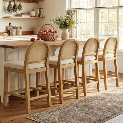 Wooden Bar Stools With Natural Rattan Back (Set Of 4)