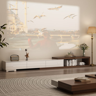 Meuble télé extensible, centre de divertissement réversible en bois avec 3 grands tiroirs