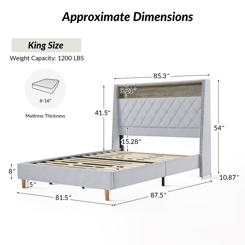 Eluid Tall Wingback Bed With Built-In Lighting and Power Outlets Storage High Headboard, King, Light Gray