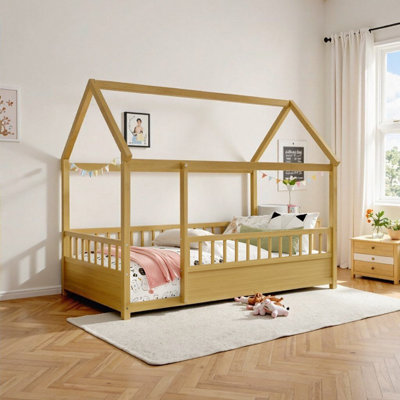 Twin Size Natural Pine Wood Floor Bed with House Roof Frame & Safety Fence Guardrails - American Design