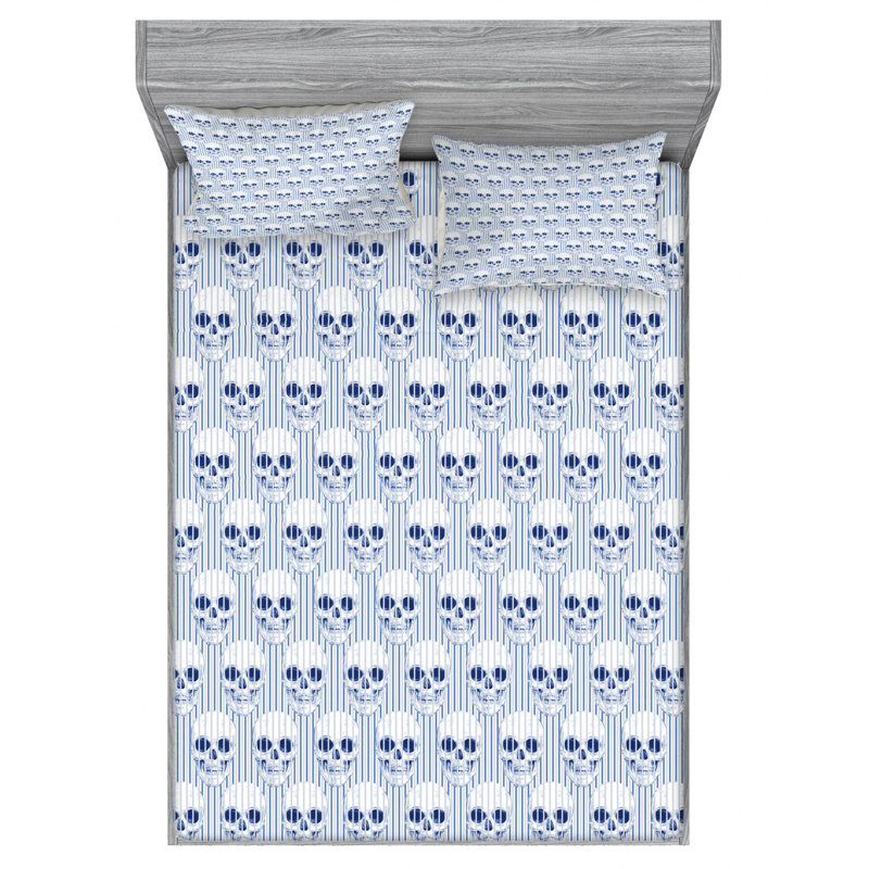 Skull Microfiber Striped Sheet Set, Full Sheet Set + Fitted Sheet + 2 Pillowcases