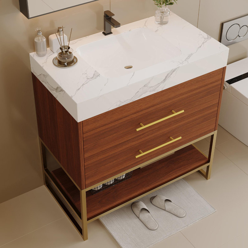 Meuble-lavabo moderne autoportant avec comptoir en pierre frittée, Blanc