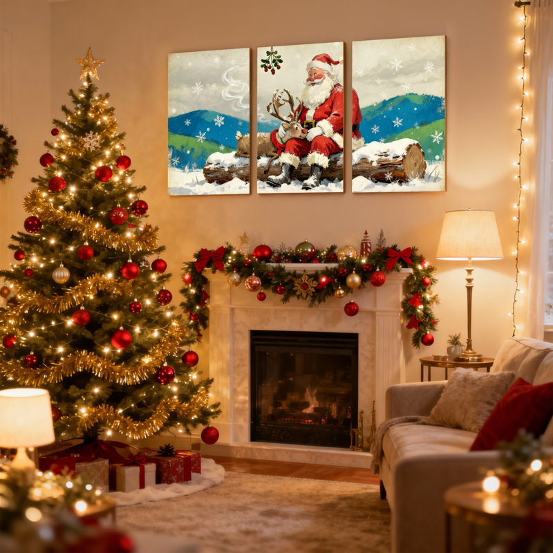 Noël, père Noël et renne dans un paysage enneigé, ensemble de 3 impressions sur toile, H 18 po x l 36 po