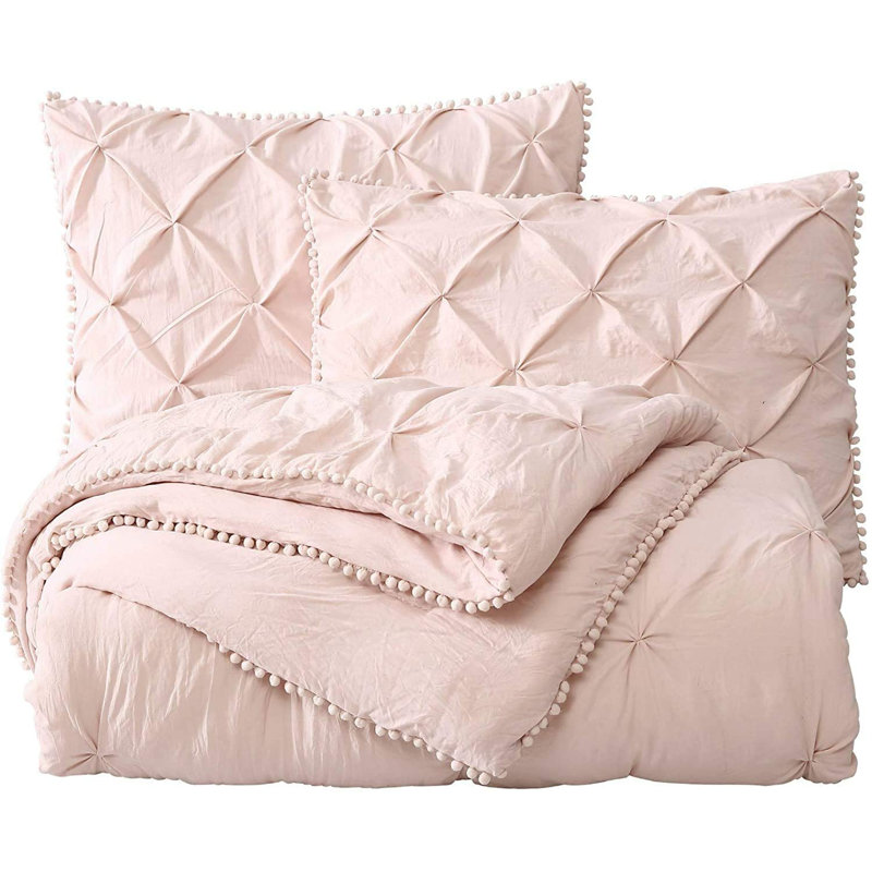 Natalia Washed Microfiber Pom Pom Pintuck Pleat Comforter Set, Blush, Queen Comforter + 2 King Shams