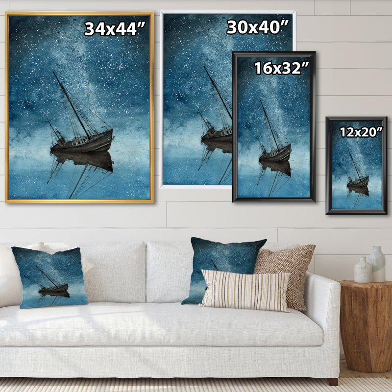 «Ship with a Night Sky Strewn», reproduction sur toile, H 32 po x l 16 po, Cadre flottant noir