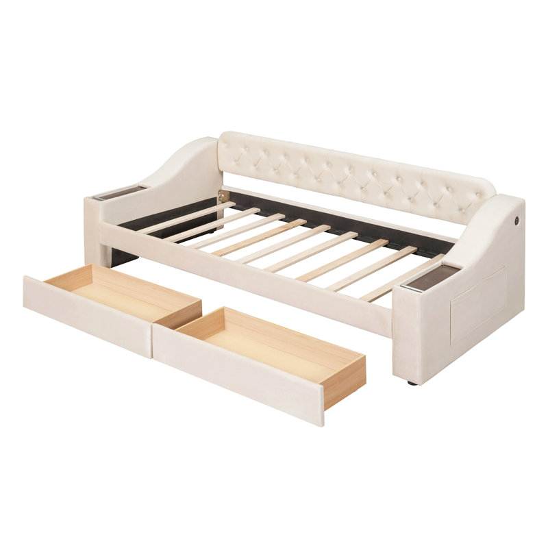 Twin Size Upholstered Daybed With Storage Armrests And Usb Port, Beige