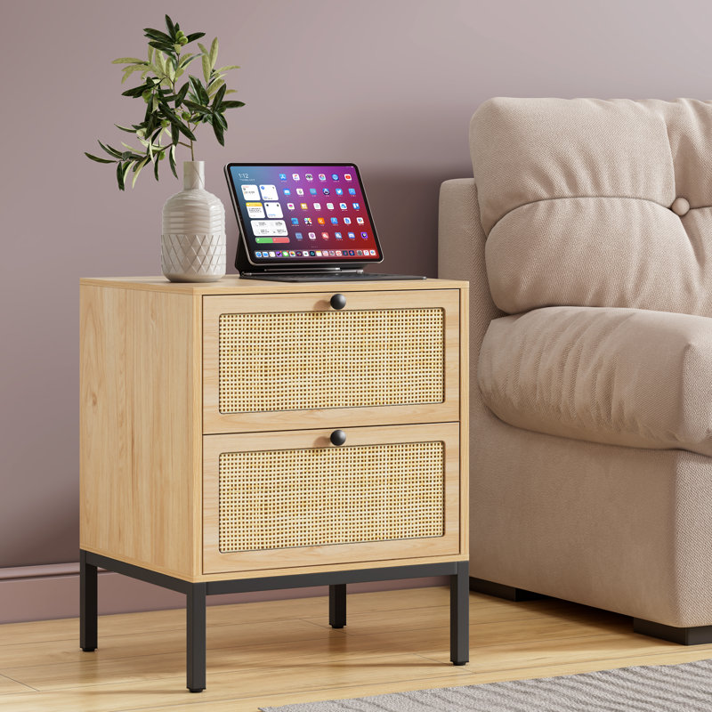 Bosonohy Boho Natural Rattan 2-Drawer Nightstand, Brown