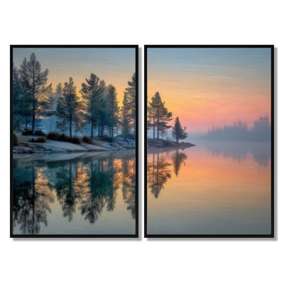 «Sunset At Dawn Lake Summer Mist - Sunset Wall Art, Orange Landscape», reproduction sur toile 2 pièces