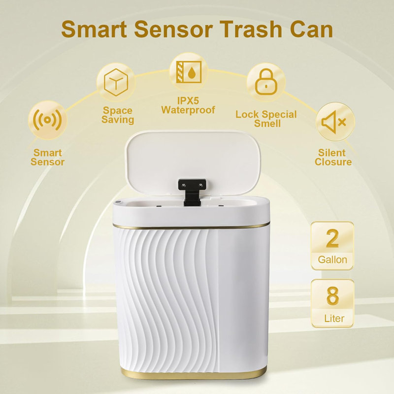 White and Gold Touchless 2 Gallon Plastic Trash Bin