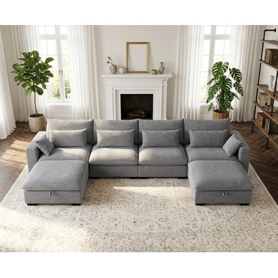 Oversized Corduroy Modular Sectional Sofa With Storage Ottomans