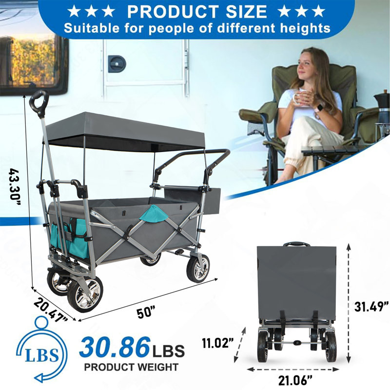 Wagon pliable à pousser et tirer avec auvent amovible, gris