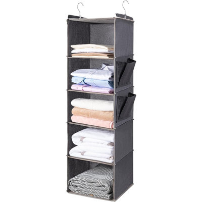 Hanging Closet Organizer With Shelves - Grey - 5-Tier Hanging Shelf With 2 Side Pockets, Foldable Storage Solution
