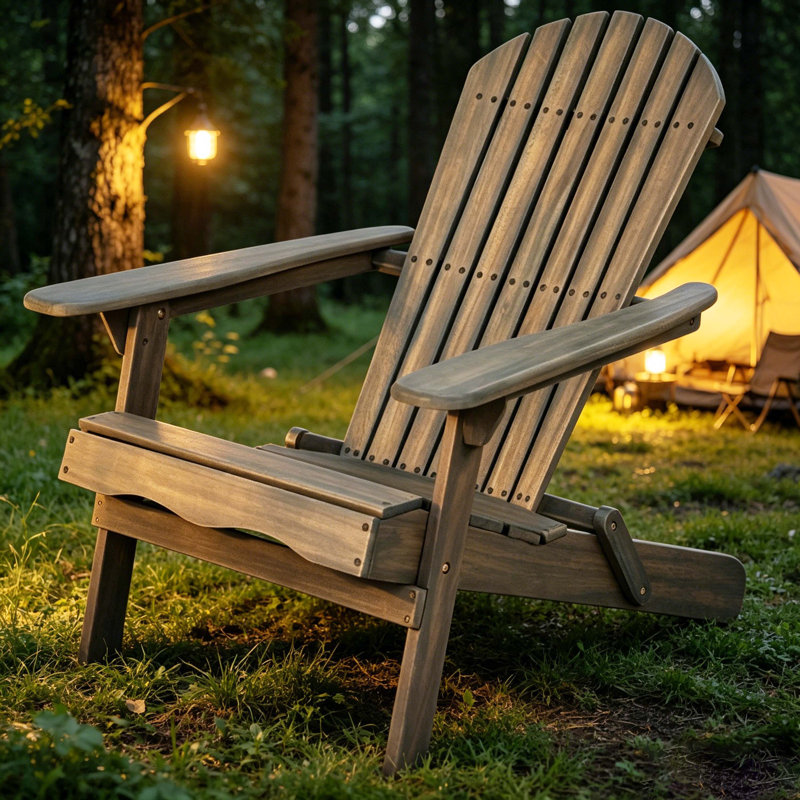 Gray Malibu Folding Acacia Wood Adirondack Chair, Weather-Resistant Outdoor Patio Chair For Backyard, Garden, Deck, Poolside