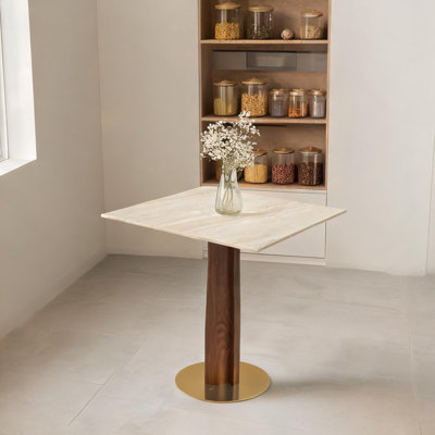 Soft White Square Sintered Stone 2-Person Dining Table with Gold Base, 33.5-Inch, Compact Kitchen Table