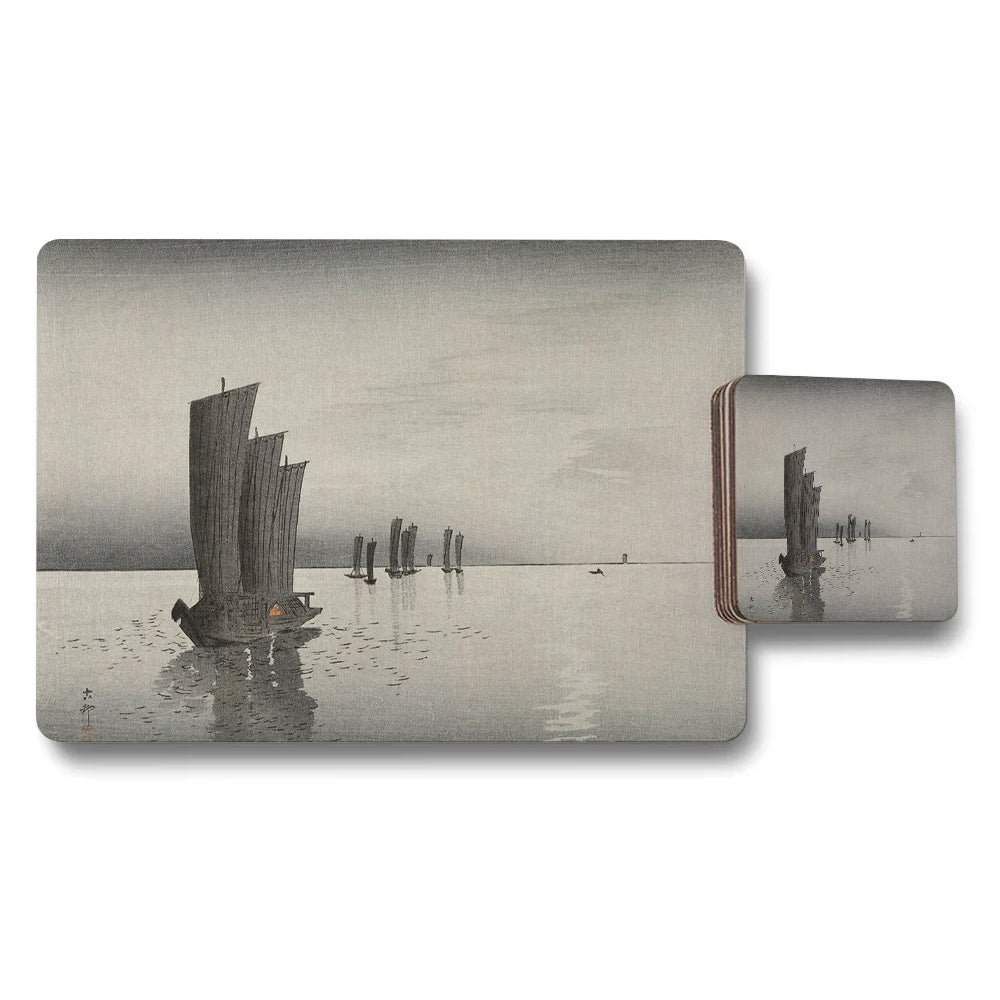 Placemat And Coaster Set With Vintage Sailboat Landscape Artwork