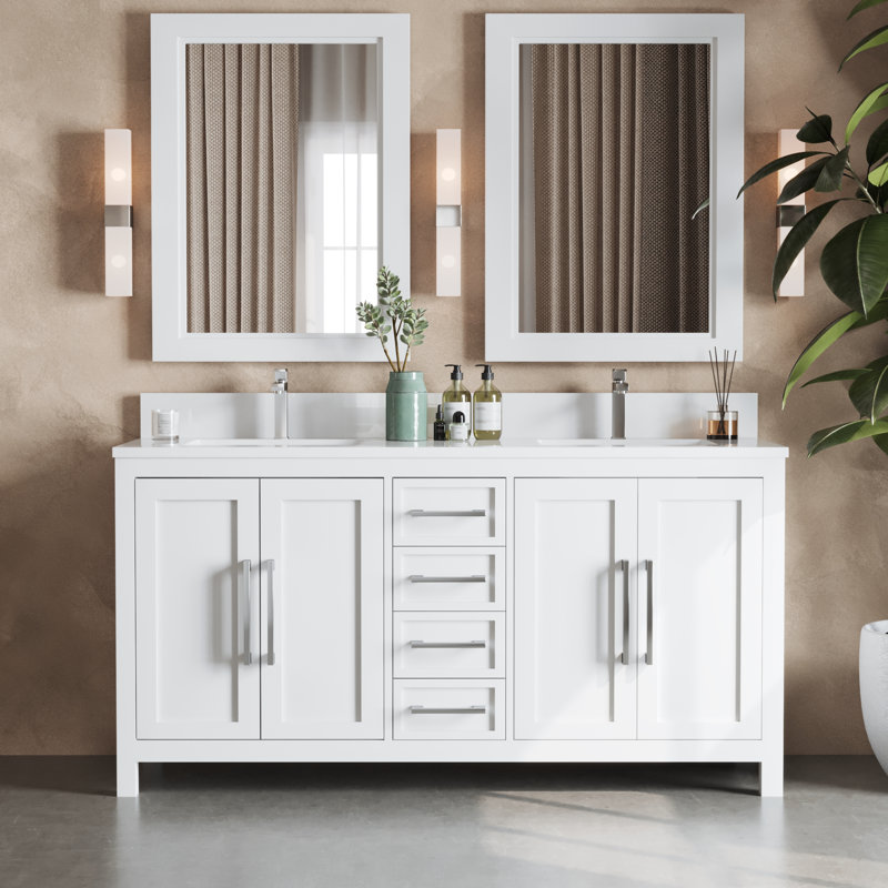 Meuble-lavabo double 63 po avec comptoir en quartz Weddel, Blanc