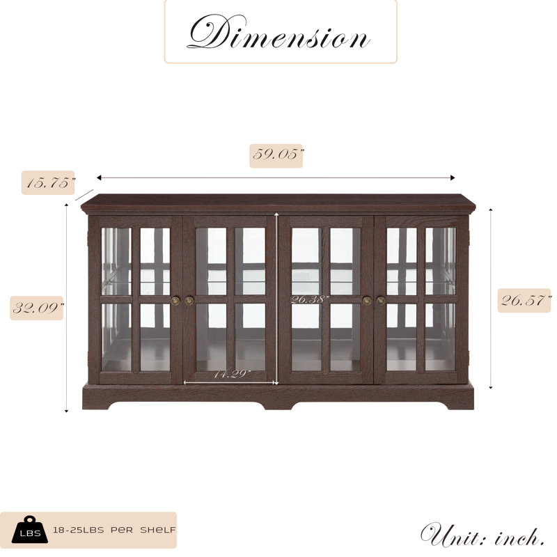 Eyisean 59" LED Curio Cabinet with 7 Color Lights, Vintage Glass Display Case with Glass Doors, Smartphone-Controlled, Short Wooden China Cabinet with Adjustable Shelves for Living Room, Entryway