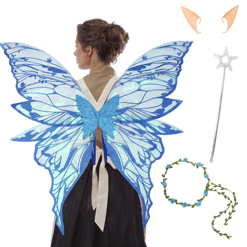 4Pcs Cute Flower Crown Fairy Costume Set, Star Wand Elf Ears Fairy Butterfly Wings Dress-Up, Gold Foil Sparkling Angel Wings