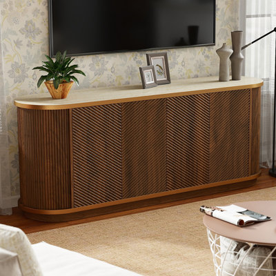 63" Diagonal Fluted Sideboard Cabinet with Storage, 4-Door Walnut Buffet Credenza TV Stand with Gold Trim, Cream Faux Marble-Top Console Table, Modern Cabinet