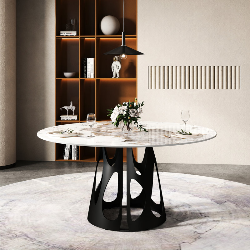 Table de salle à manger pour 6 à 8 personnes de 60,65 po, plateau en pierre frittée blanche et base en fer noir, aspect contemporain, facile à entretenir,