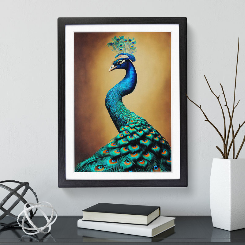 Golden Peacock No.2 - Single Picture Frame Print, 34cm H x 25cm W x 2cm D, Black