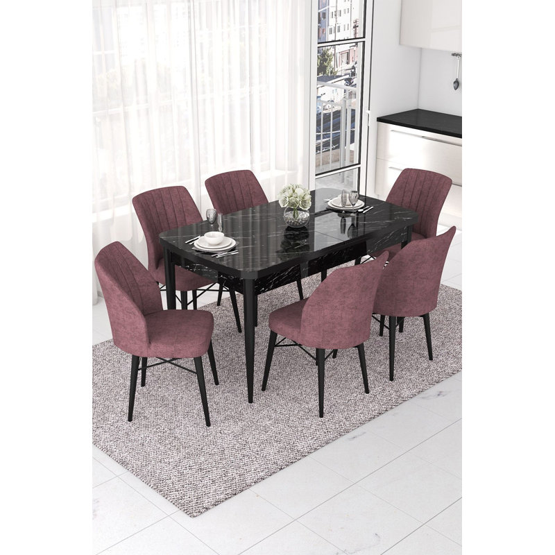 Ensemble de table et chaises de salle à manger moderne extensible (7 pièces), marbre noir et rose cendré | Fabrication en panneau de fibres à densité moyenne et en métal, table: 44,9 po x 30,7 po x 27,6 po (Ouvert: 56,7 po) | 6 chaises en tissu avec 22 dossiers en mousse et 28 sièges en mousse | Design élégant et fonctionnel