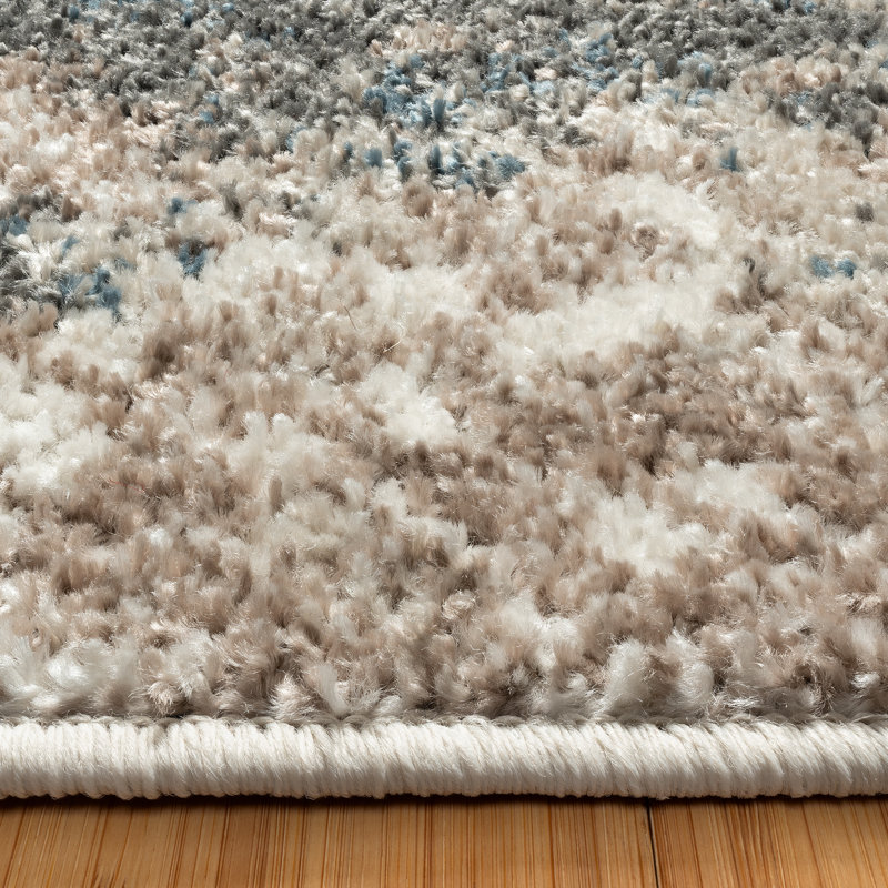 Maia Huma Modern Abstract Beige Black Blue Polypropylene Area Rug, Rectangle 5'3" x 7"