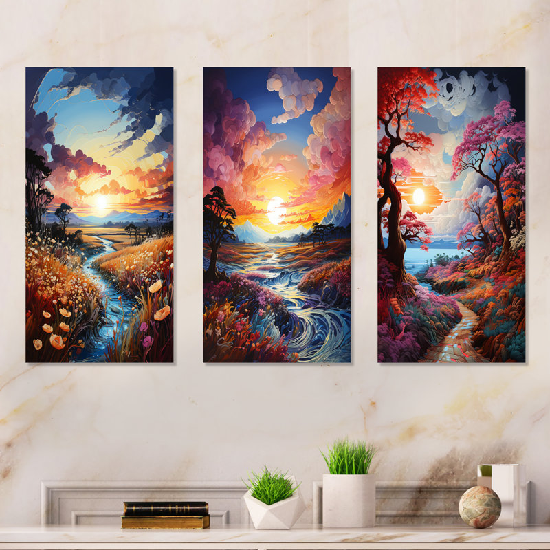«Sunset Skies Of Wonder Fields», ensemble de 3 reproductions d'art mural ciel, Toile tendue, H 40 po x l 60 po