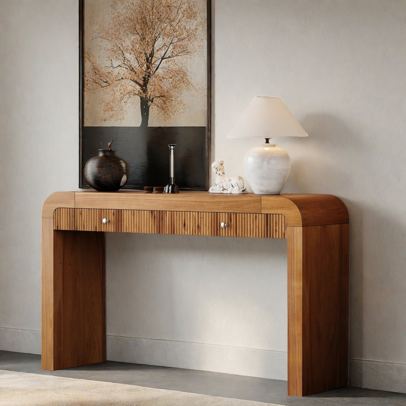 Console rustique avec devant cannelé, 2 tiroirs, coins arrondis et pieds épais, Brun