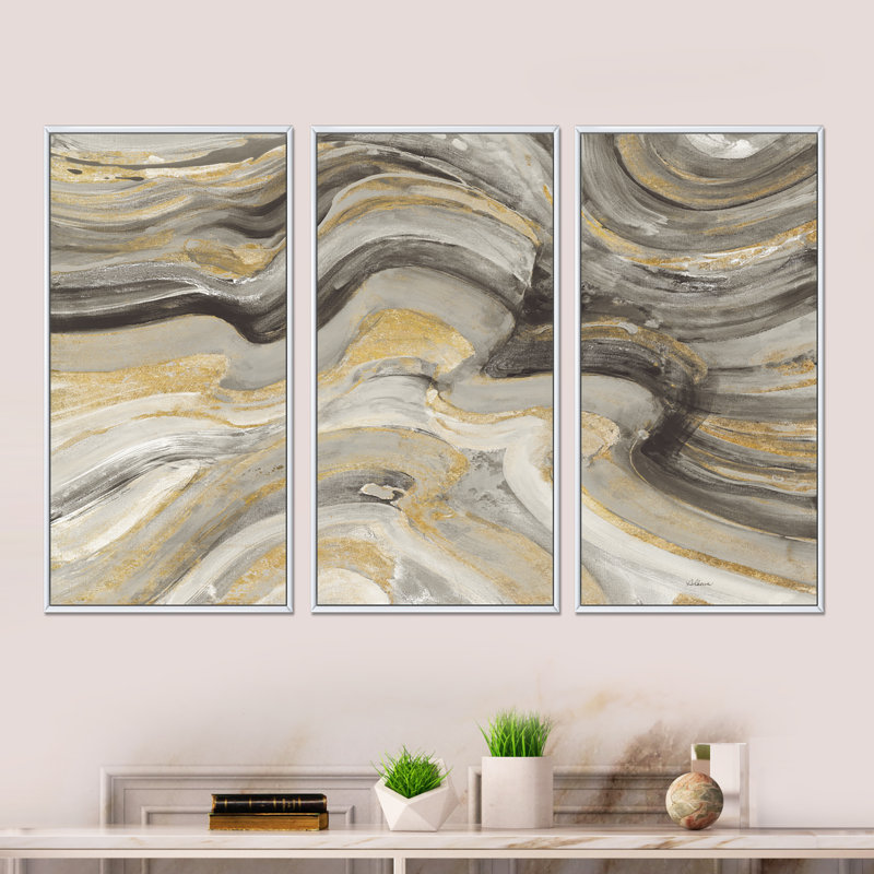 Glam Gold Canion - ensemble de 3 reproductions d'art moderne sur toile encadrées, Cadre blanc, 32" H x 48" W