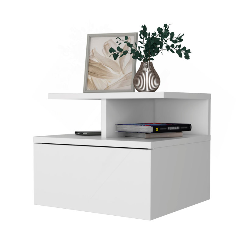 White 1-Drawer Floating Nightstand, White