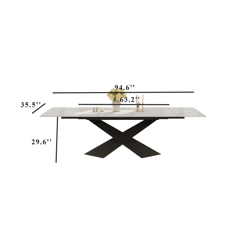 63''-94'' Expandable Dining Table for 4-8, White Sintered Stone Kitchen Table with Black Stainless Steel Base