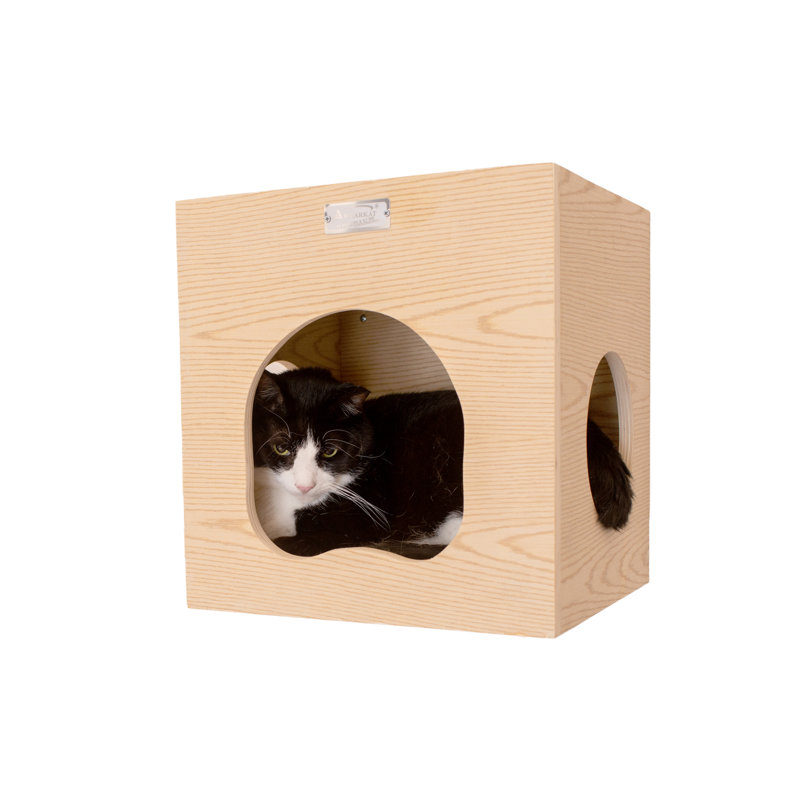 Natural Beige Poplar Wall-Mounted Cat Tree with Condo and Perch