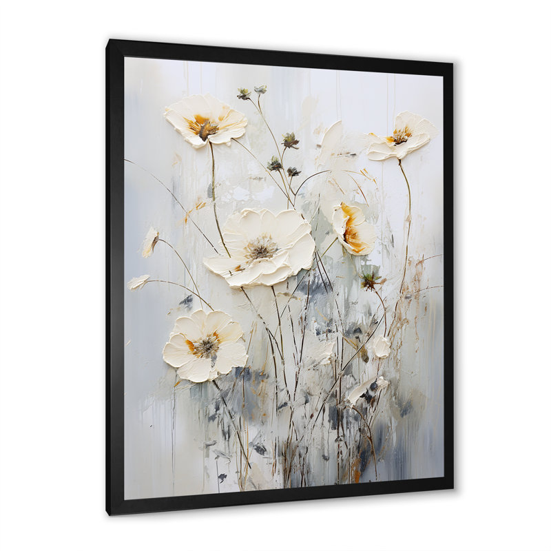Motif floral blanc sur fond blanc, Cadre simple noir, H 32 po x l 16 po x P 1 po