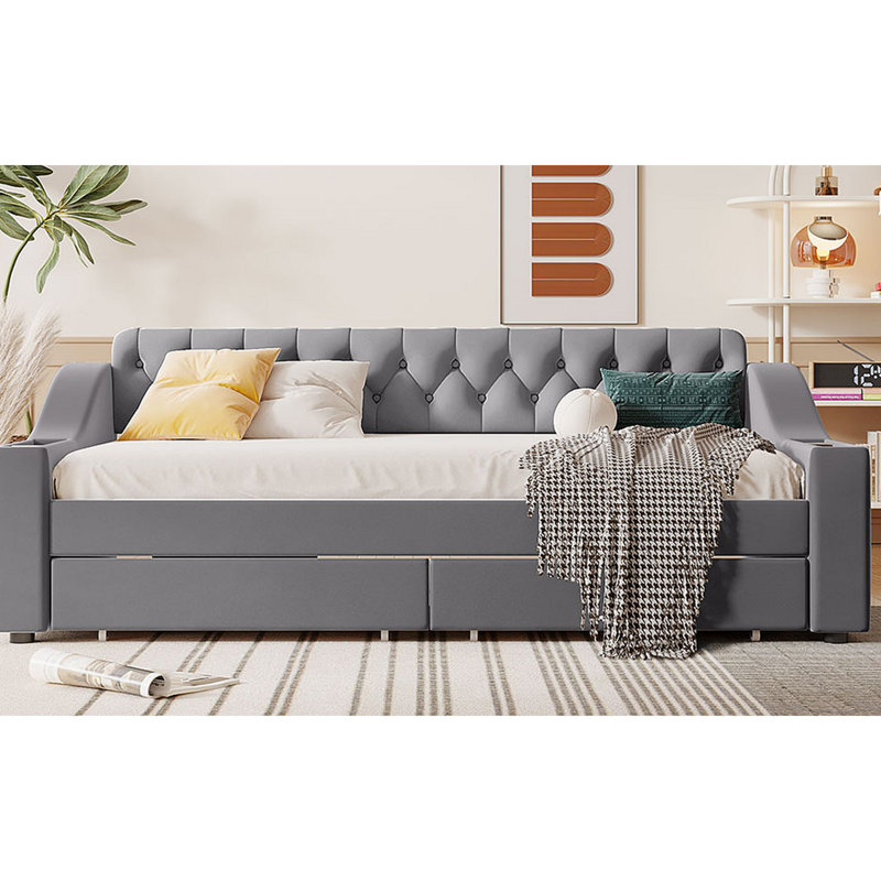 Lit de jour rembourré avec accoudoirs de rangement et port USB, Gris