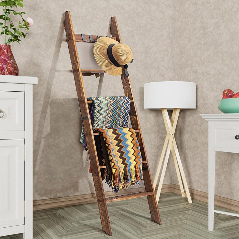 Échelle décorative pour couverture en bois avec crochets amovibles, support mural à 6 niveaux pour couvertures, jetés et serviettes, bois de pin brun rustique, assemblage facile