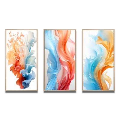 Contemporary Contemporary Waves Abstract Orange and Blue - Art abstrait à l'encre liquide, ensemble de 3 pièces