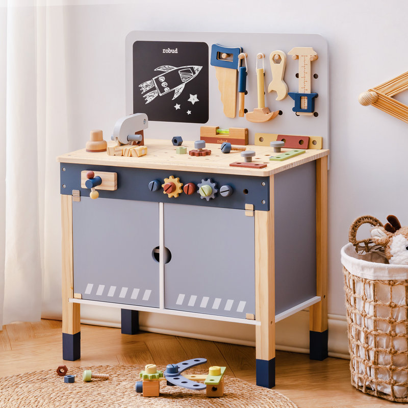 Wooden Toy Workbench, Large Children's Wooden Play Tool, Pretend Play Creative Building Set